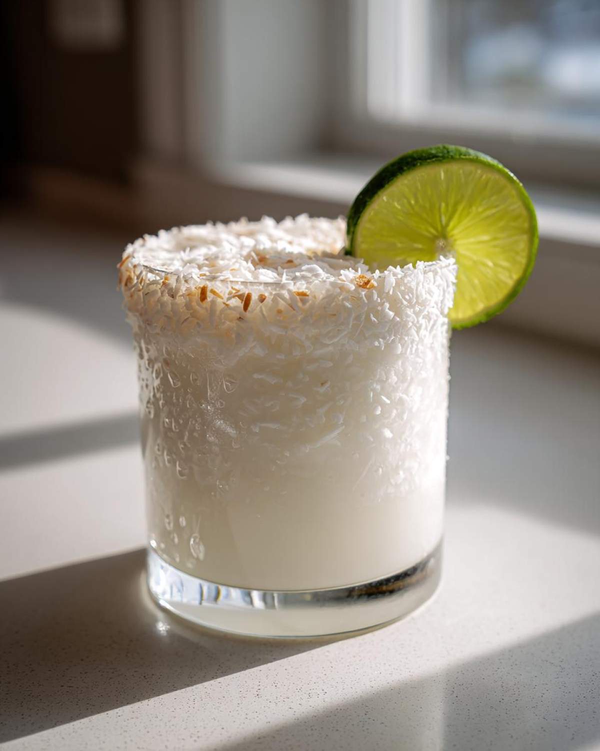 A frosty white Christmas margarita in a rocks glass, rimmed with toasted coconut and garnished with a lime wheel.