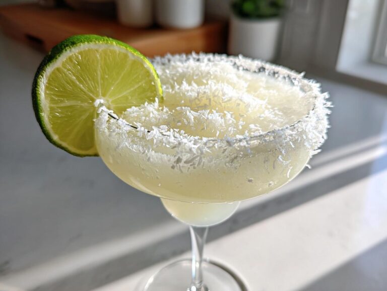 Close-up of a white christmas margarita garnished with a lime slice and a thick rim of shredded coconut.