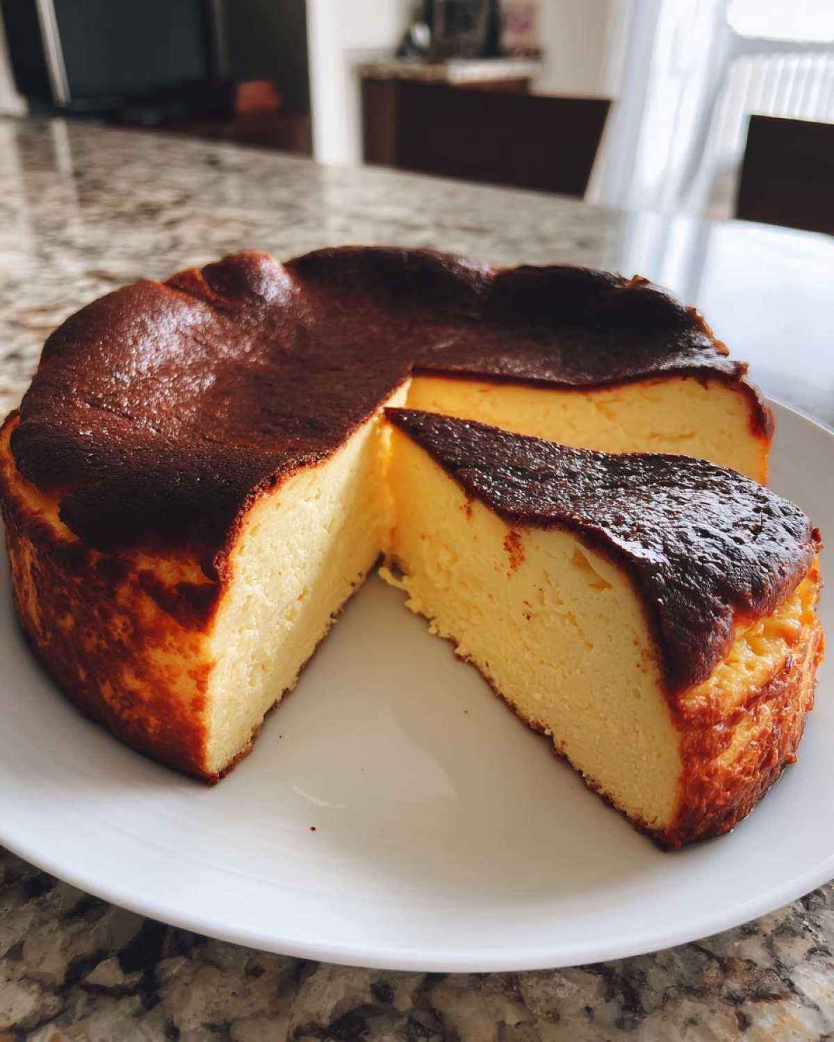 A whole basque cheesecake with a slice cut out, showing the creamy interior and dark caramelized top.