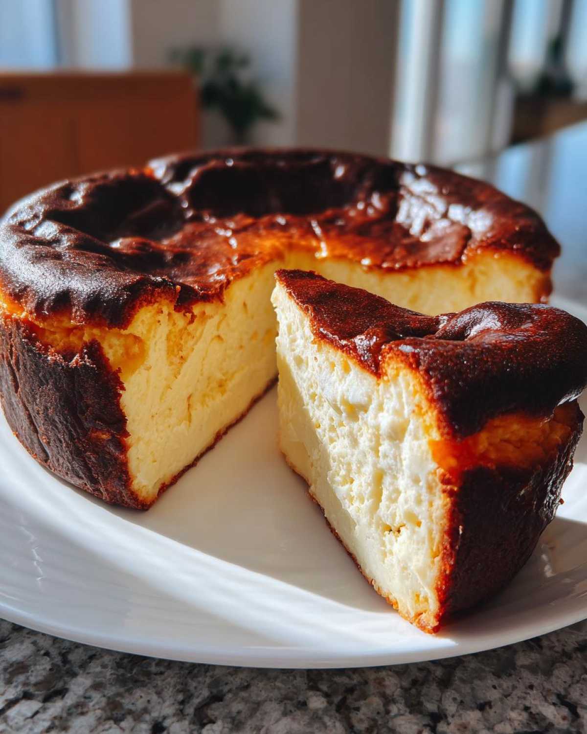 A slice of creamy basque cheesecake with a deeply caramelized, burnt top resting next to the main cake on a white plate.