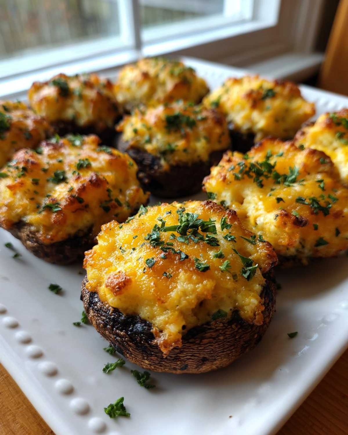 A platter of golden brown Air Fryer Cheddar Stuffed Mushrooms topped with melted cheese and fresh parsley.