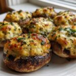 A plate of golden brown Air Fryer Cheddar Stuffed Mushrooms topped with melted cheese and fresh parsley.