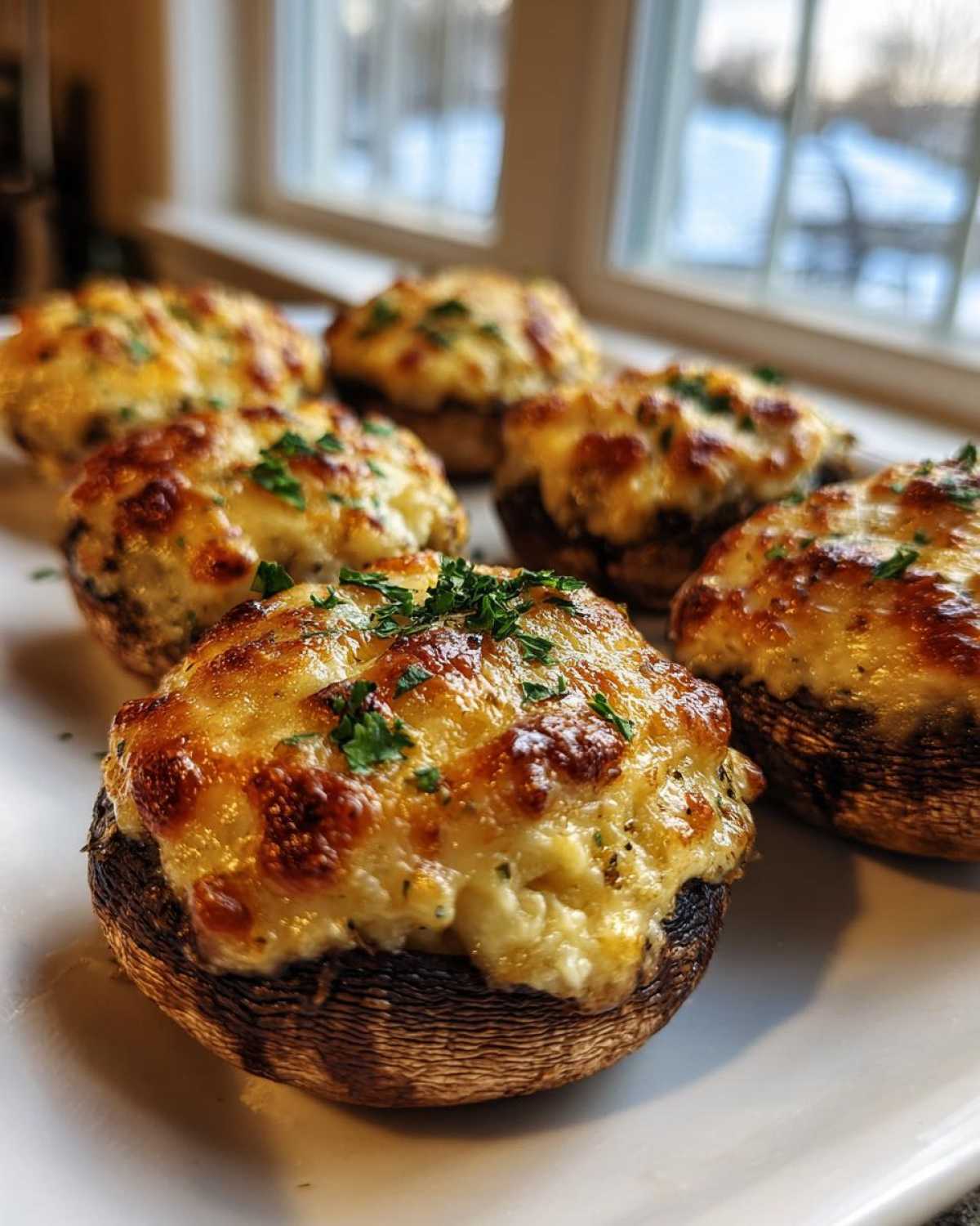 Close-up of several Air Fryer Cheddar Stuffed Mushrooms, topped with melted, browned cheese and fresh parsley.