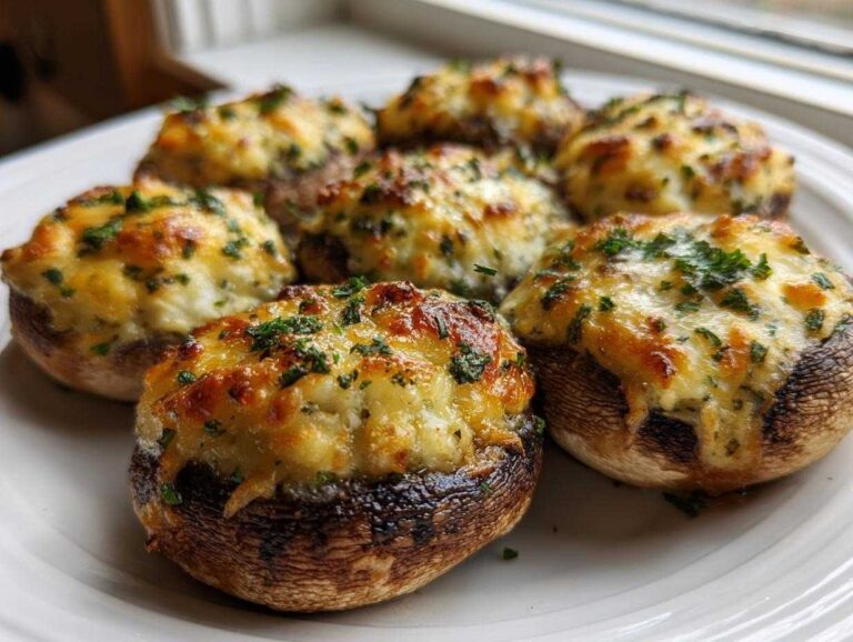 A plate of golden brown Air Fryer Cheddar Stuffed Mushrooms topped with melted cheese and fresh parsley.