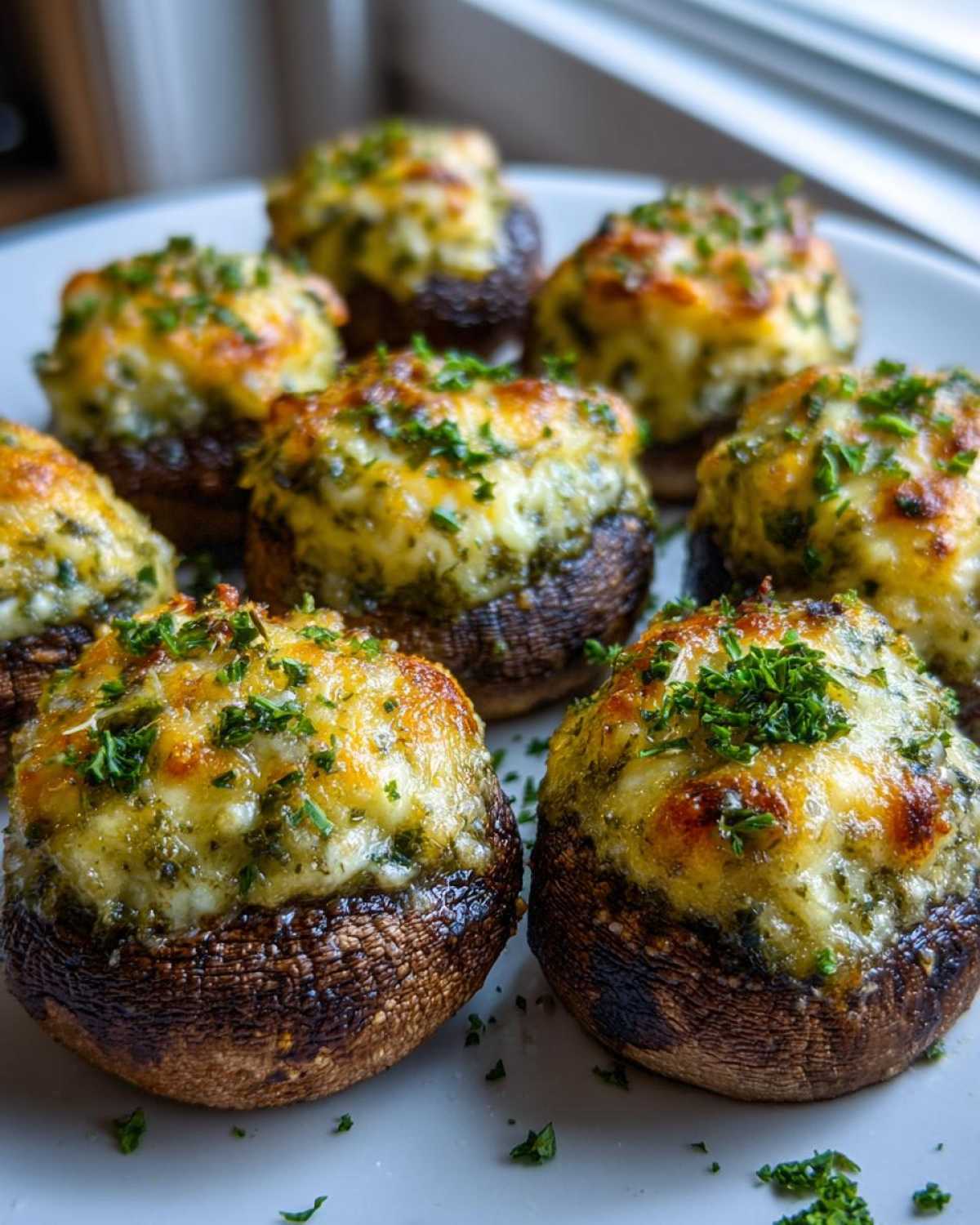 Close-up of several golden-brown Air Fryer Cheddar Stuffed Mushrooms topped with melted cheese and fresh parsley.