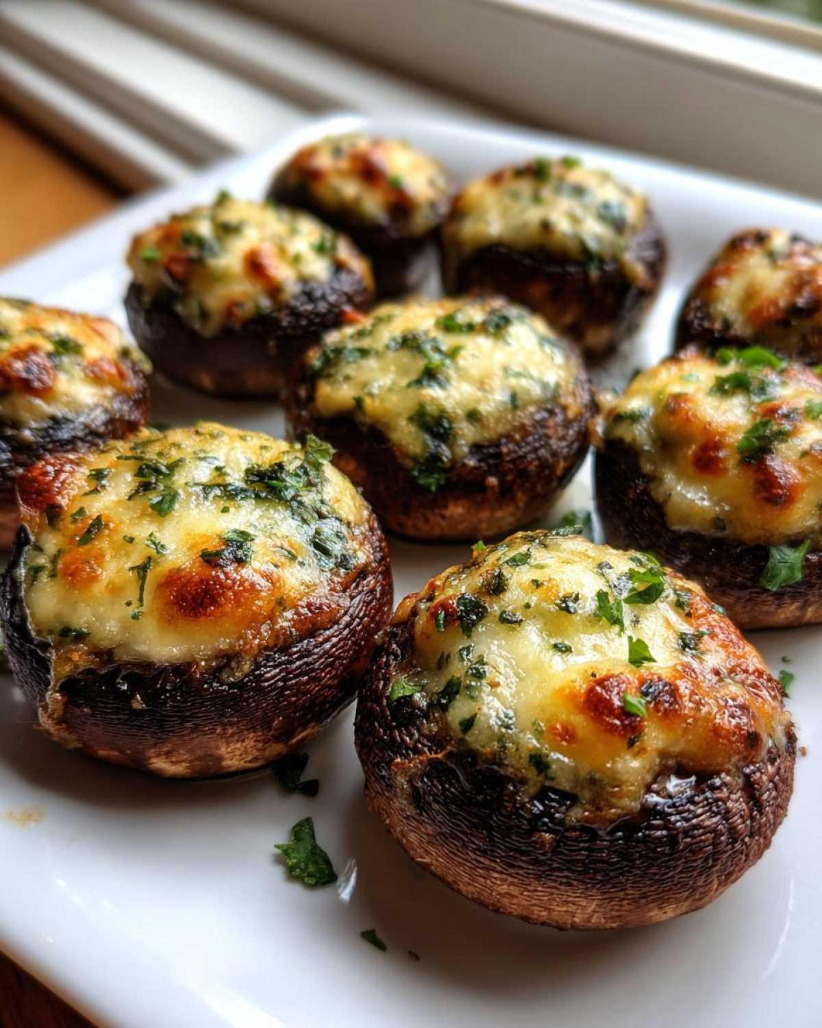 Close-up of several Air Fryer Cheddar Stuffed Mushrooms topped with melted, golden cheese and fresh parsley.