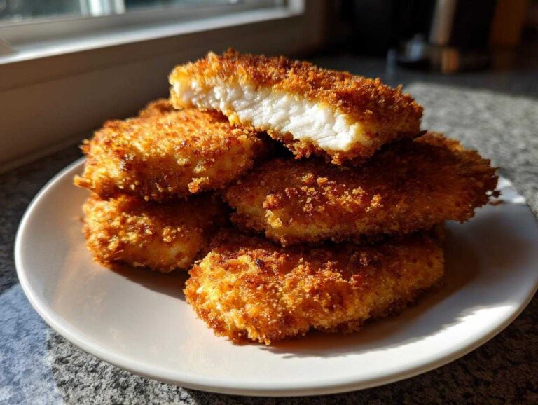 A stack of golden brown, crispy Air Fryer Crispy Chicken Katsu Cutlets on a white plate, with one piece cut open showing white meat.