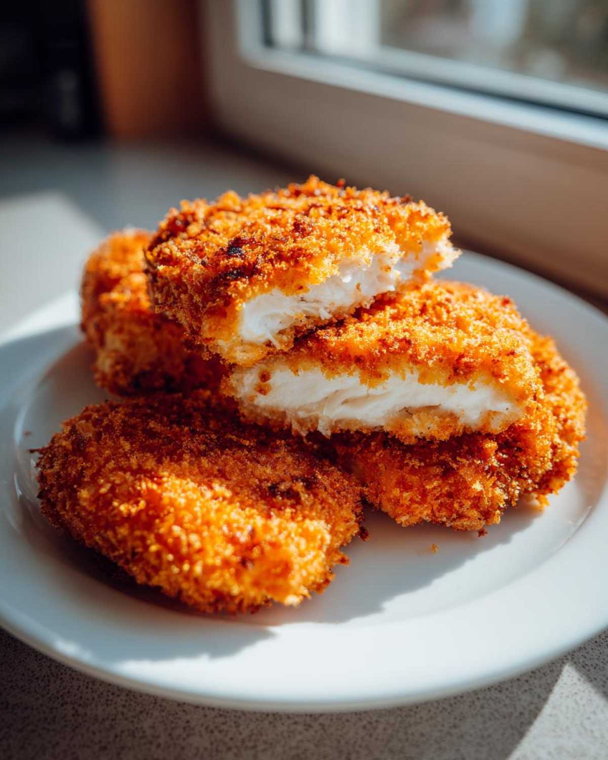 Close-up of golden brown Air Fryer Crispy Chicken Katsu Cutlets, one piece broken open showing white meat.