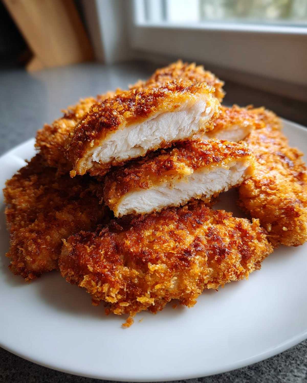 Close-up of golden brown Air Fryer Crispy Chicken Katsu Cutlets piled on a white plate, showing the juicy white interior.