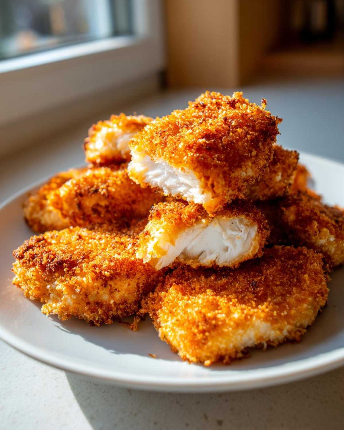A stack of golden brown Air Fryer Crispy Chicken Katsu Cutlets on a light gray plate, one piece is cut open showing the white meat.