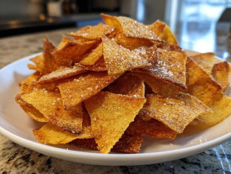 A white bowl filled with golden brown Air Fryer Crispy Tortilla Strips sprinkled with salt.