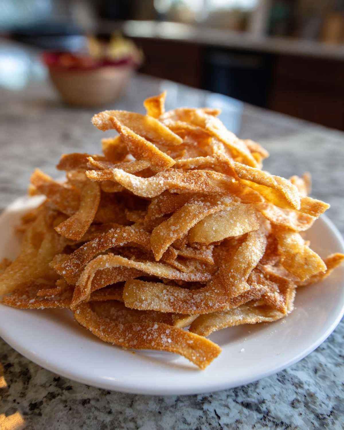 A close-up of a white plate piled high with golden brown Air Fryer Crispy Tortilla Strips dusted with seasoning.
