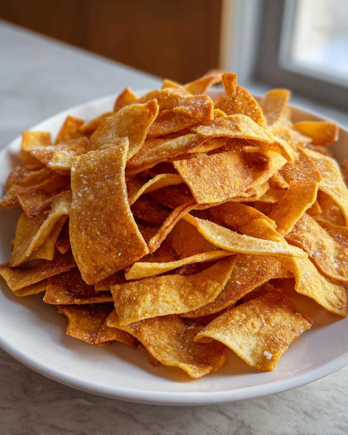 A close-up of golden brown Air Fryer Crispy Tortilla Strips seasoned with salt, piled high on a white plate.
