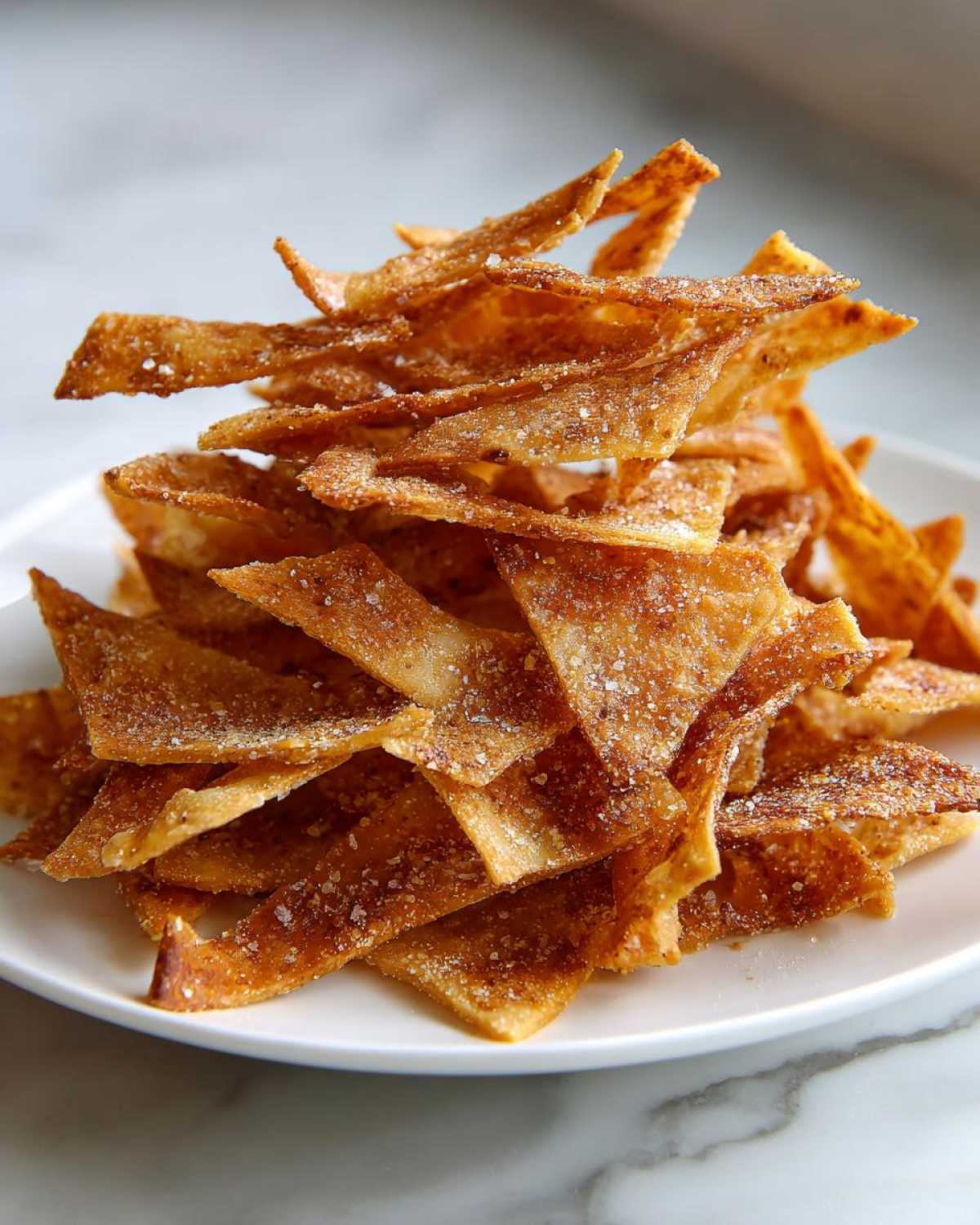 A tall pile of golden brown, seasoned Air Fryer Crispy Tortilla Strips sprinkled with salt crystals on a white plate.