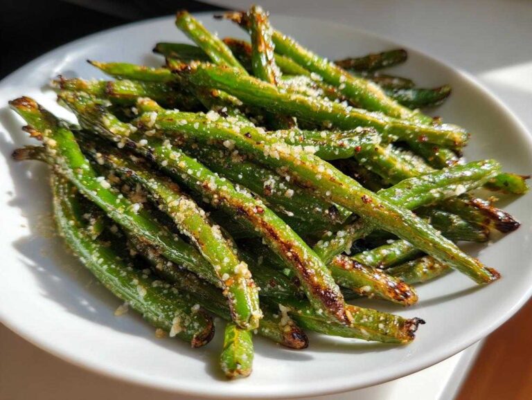 Close-up of crispy Air Fryer Garlic Parmesan Green Beans sprinkled with cheese, served in a white bowl.