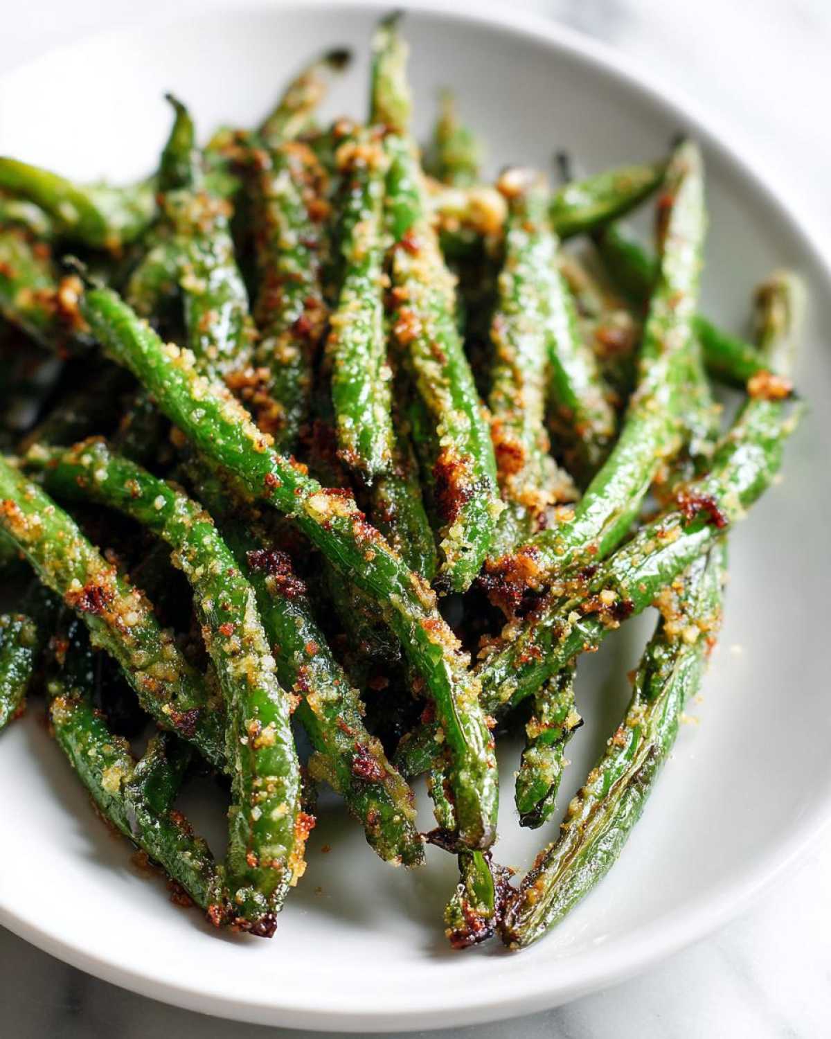 Close-up of crispy, bright green Air Fryer Garlic Parmesan Green Beans piled on a white plate.