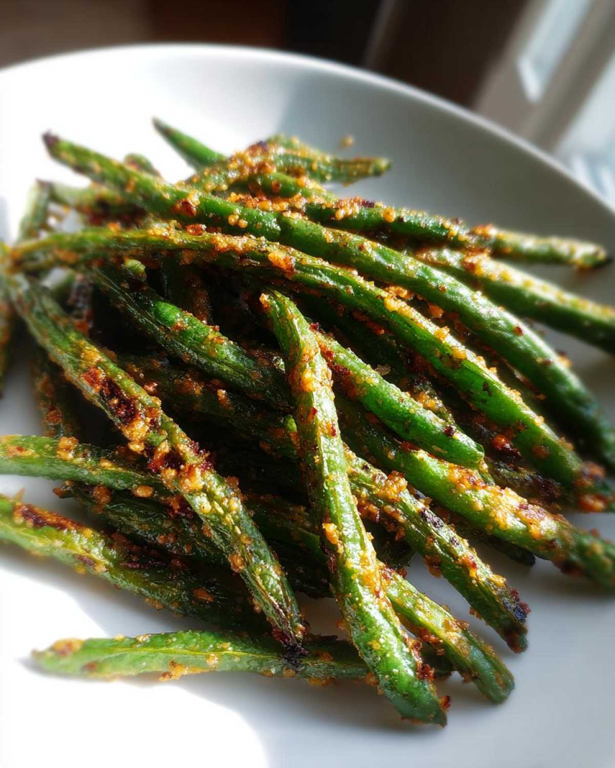 Close-up of vibrant green beans coated in crispy garlic parmesan seasoning, fresh from the air fryer.