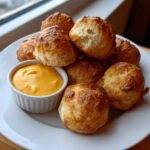 A pile of golden brown Air Fryer Pretzel Bites served with a side of creamy beer cheese dip on a white plate.