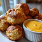 Golden brown Air Fryer Pretzel Bites piled high next to a small white bowl of creamy beer cheese dip.