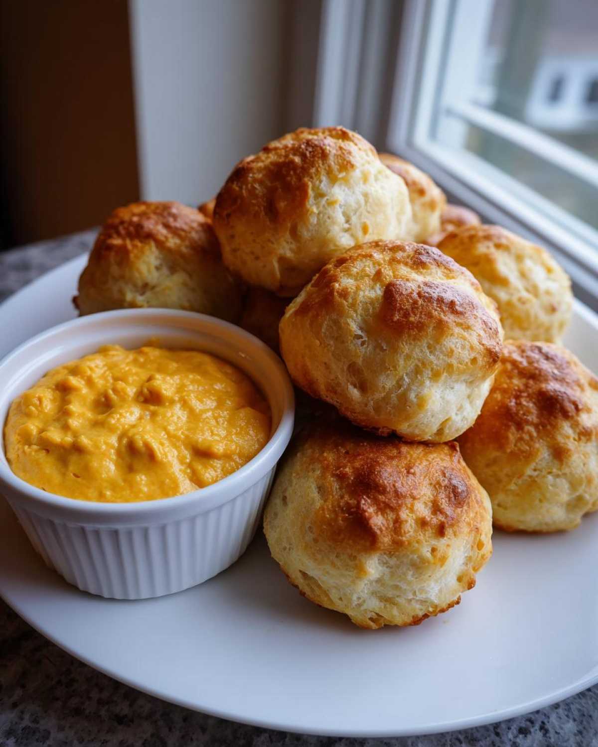 A stack of golden brown Air Fryer Pretzel Bites served on a white plate next to a small ramekin of bright orange beer cheese dip.