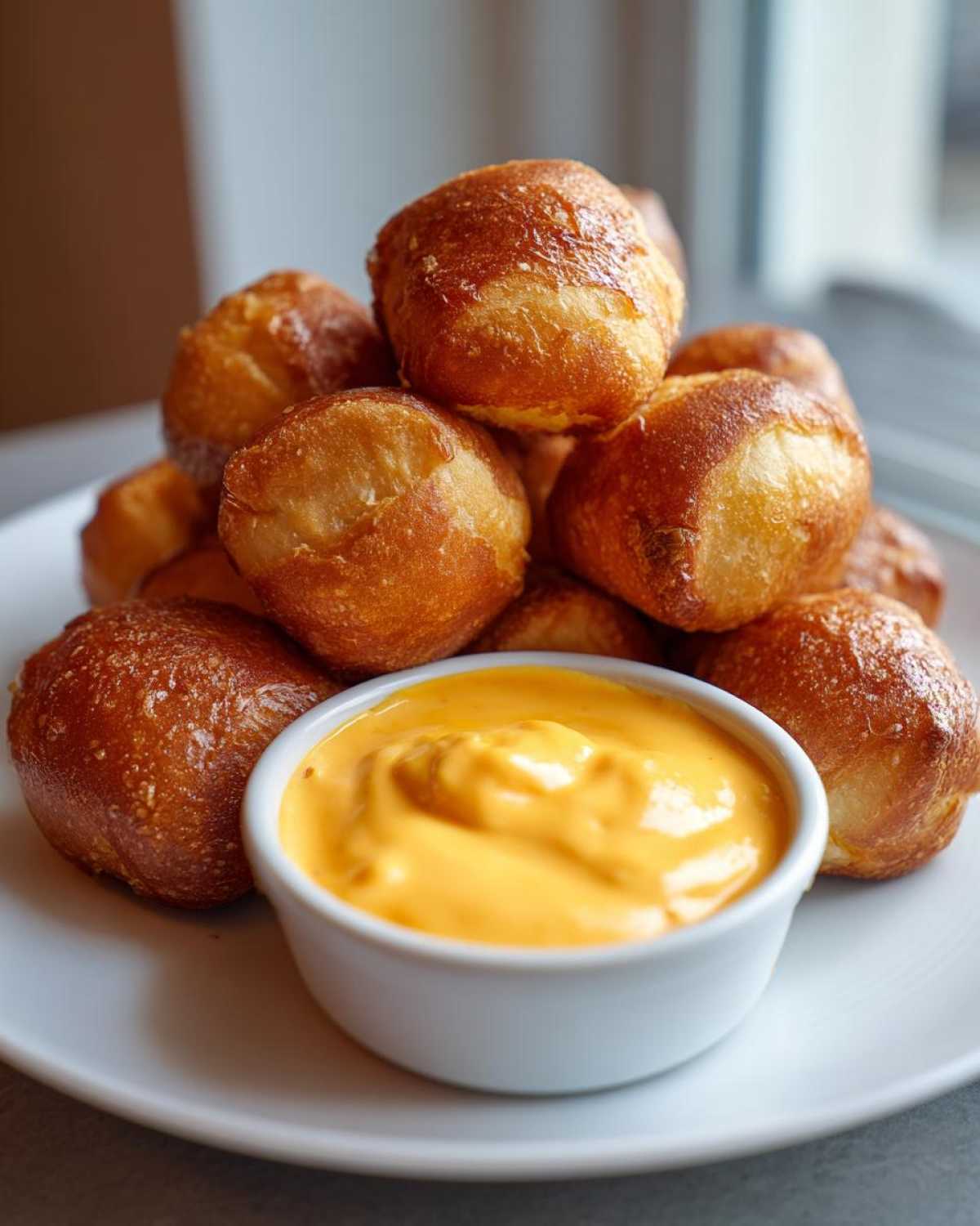 A stack of golden brown Air Fryer Pretzel Bites next to a small bowl of bright orange Beer Cheese Dip.