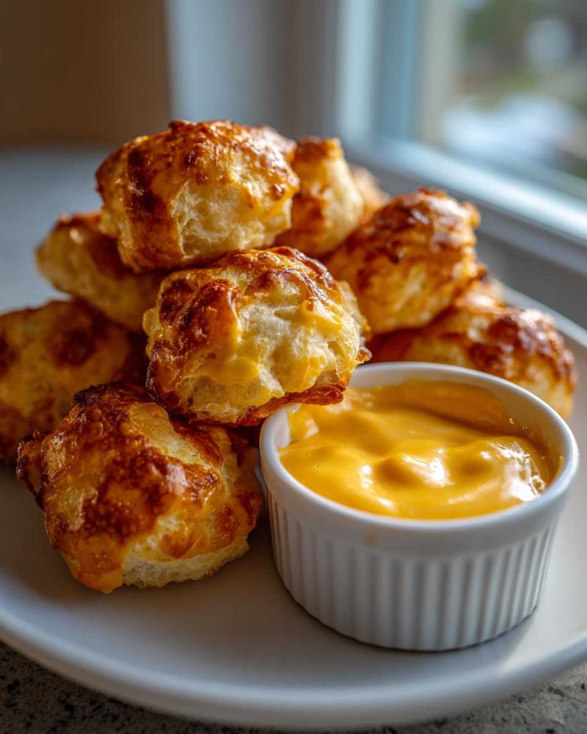A pile of golden brown Air Fryer Pretzel Bites next to a small white ramekin of creamy beer cheese dip.