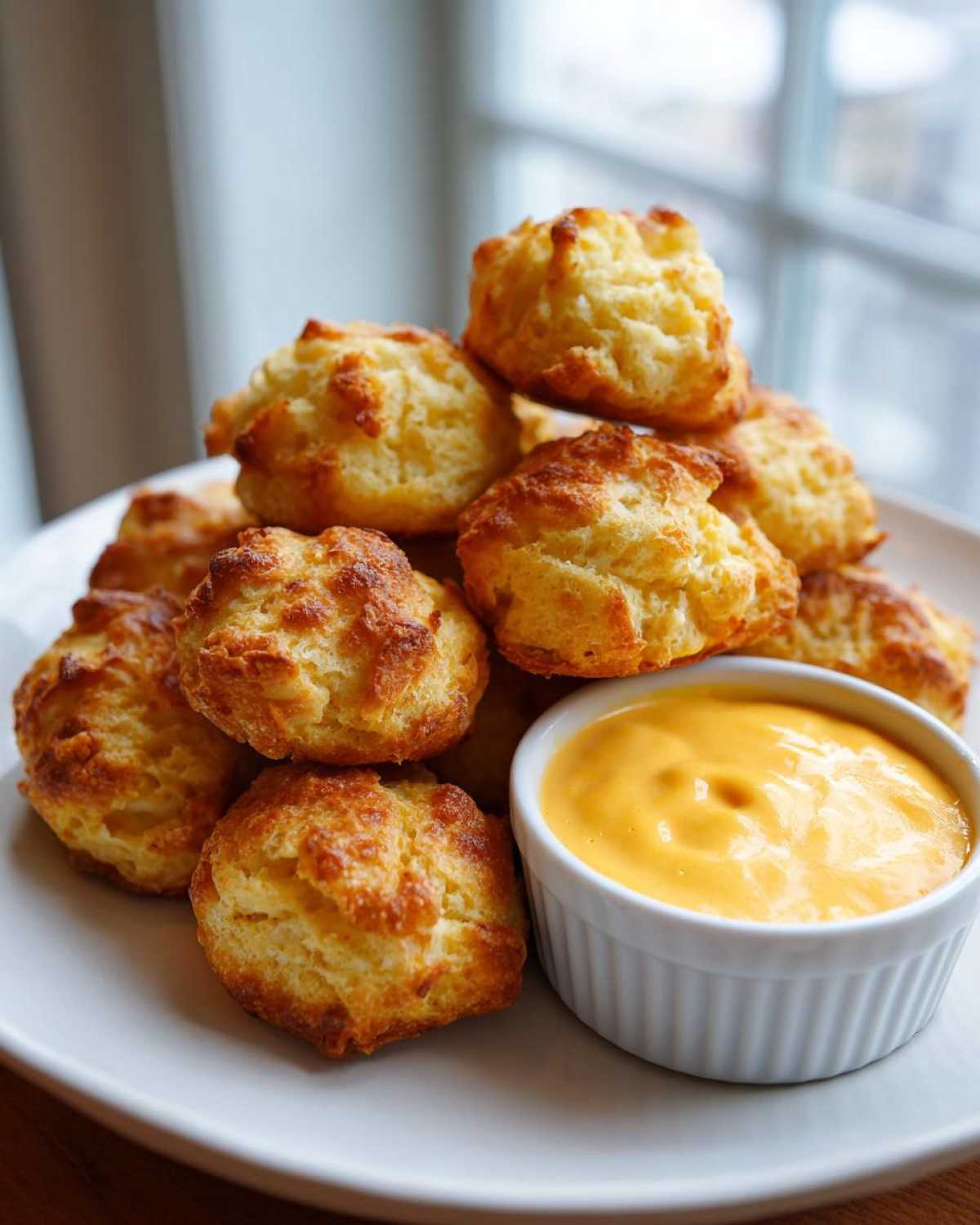 A stack of golden brown Air Fryer Pretzel Bites served next to a small white ramekin of bright orange beer cheese dip.