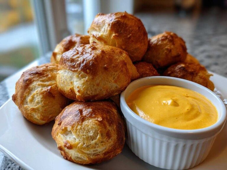 Golden brown Air Fryer Pretzel Bites piled high next to a small white bowl of creamy beer cheese dip.