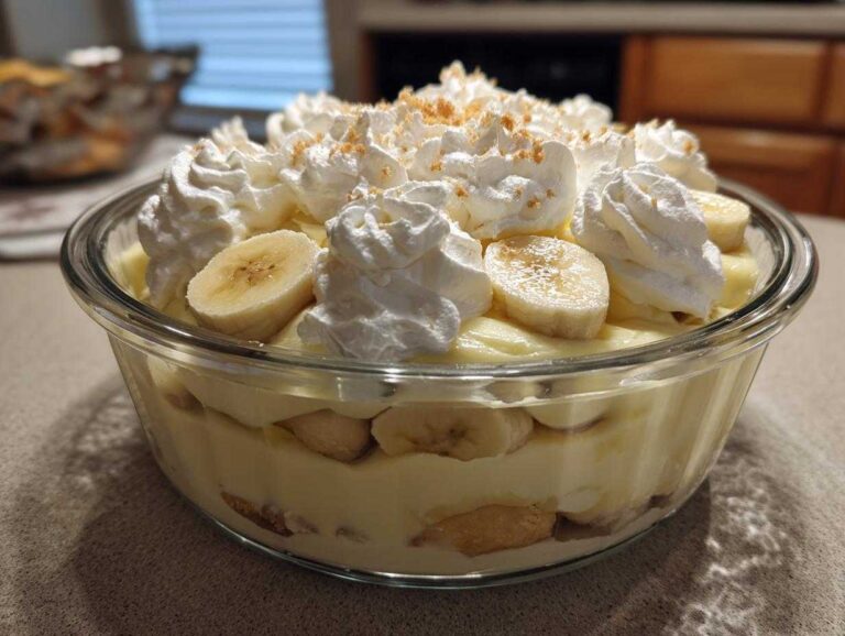 Close-up of layered banana pudding topped with whipped cream swirls and fresh banana slices.