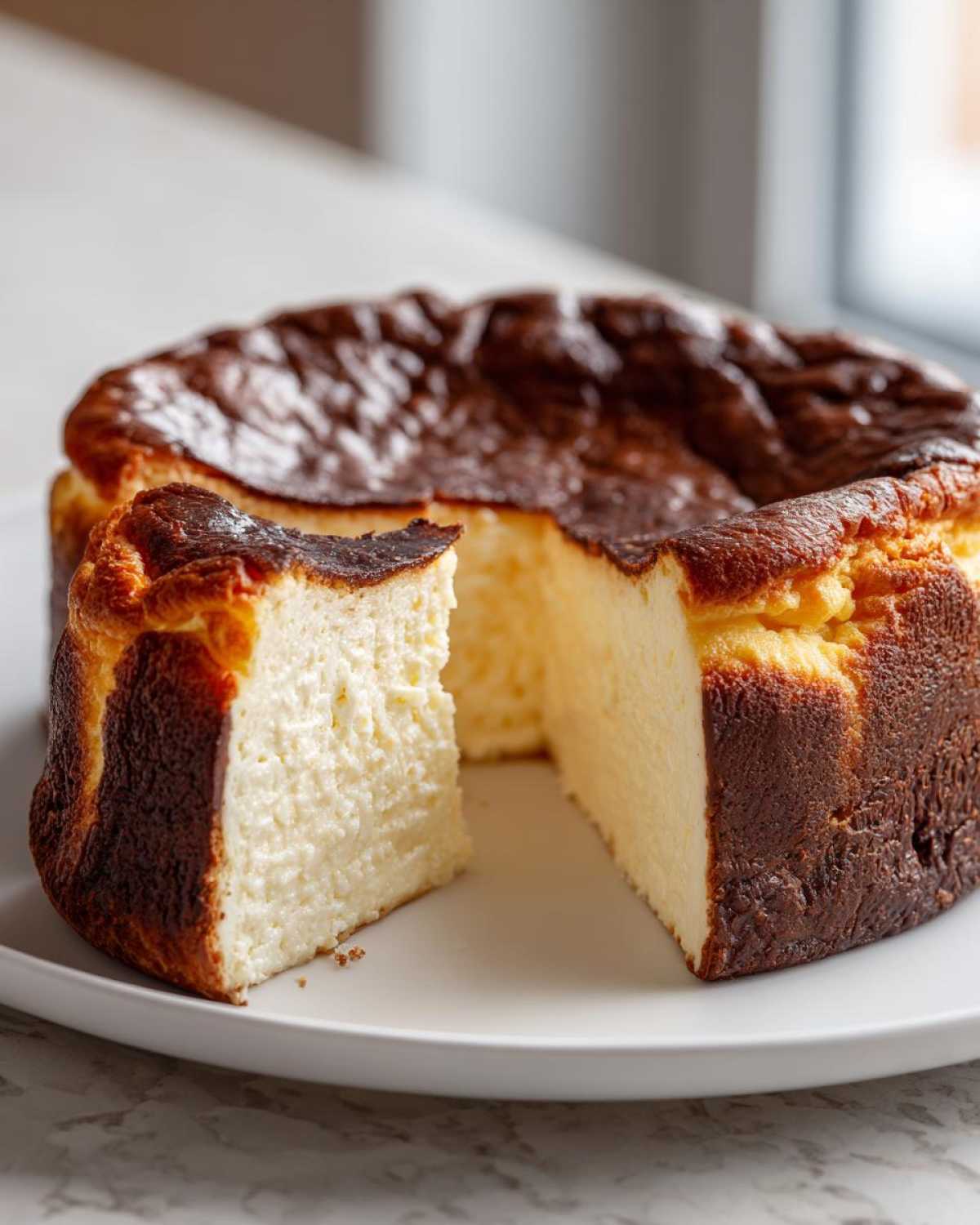 A whole basque cheesecake with a slice cut out, showing the creamy interior and dark caramelized top.