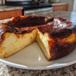 A whole basque cheesecake with a slice removed, showing the creamy interior and signature dark, caramelized top.