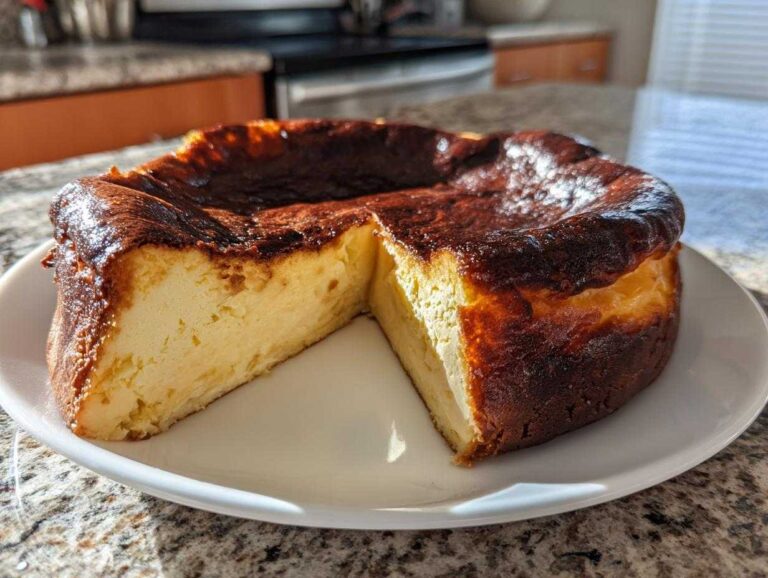 A whole basque cheesecake with a slice removed, showing the creamy interior and signature dark, caramelized top.