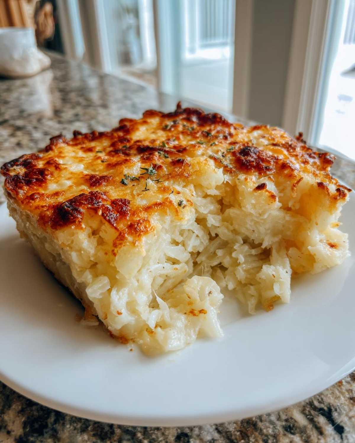 A generous serving of amazing cheesy potato casserole with a golden-brown, bubbly cheese crust.