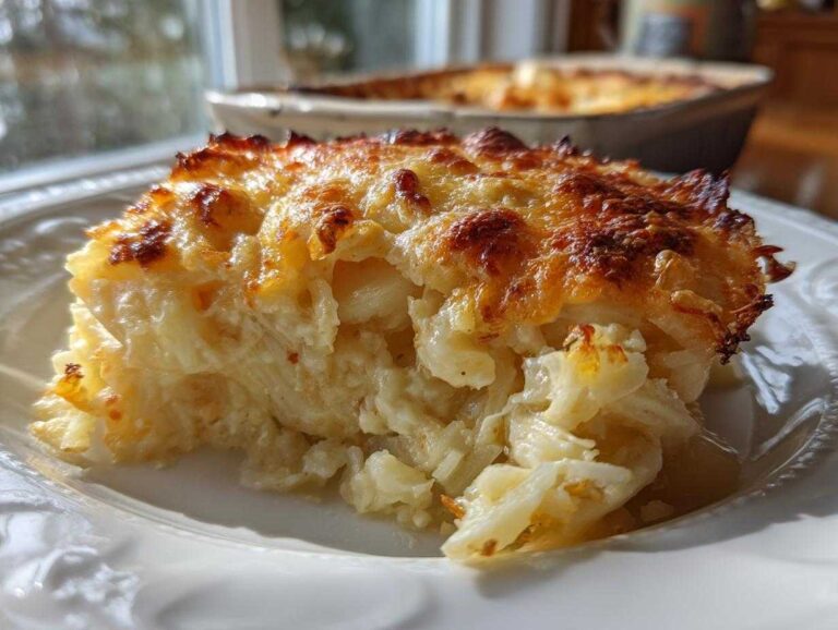 Close-up of a serving of amazing cheesy potato casserole with a golden-brown, bubbly cheese crust.