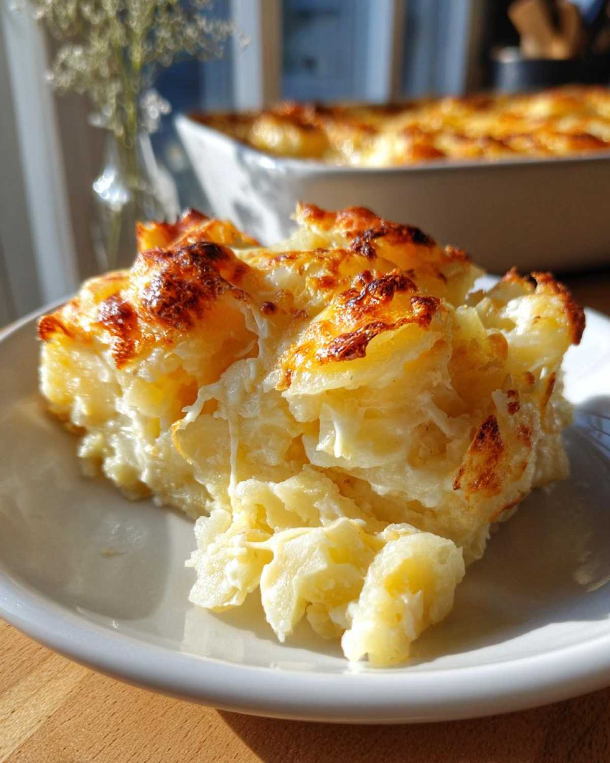 A close-up serving of cheesy potato casserole with a beautifully browned, bubbly top, sitting on a white plate.