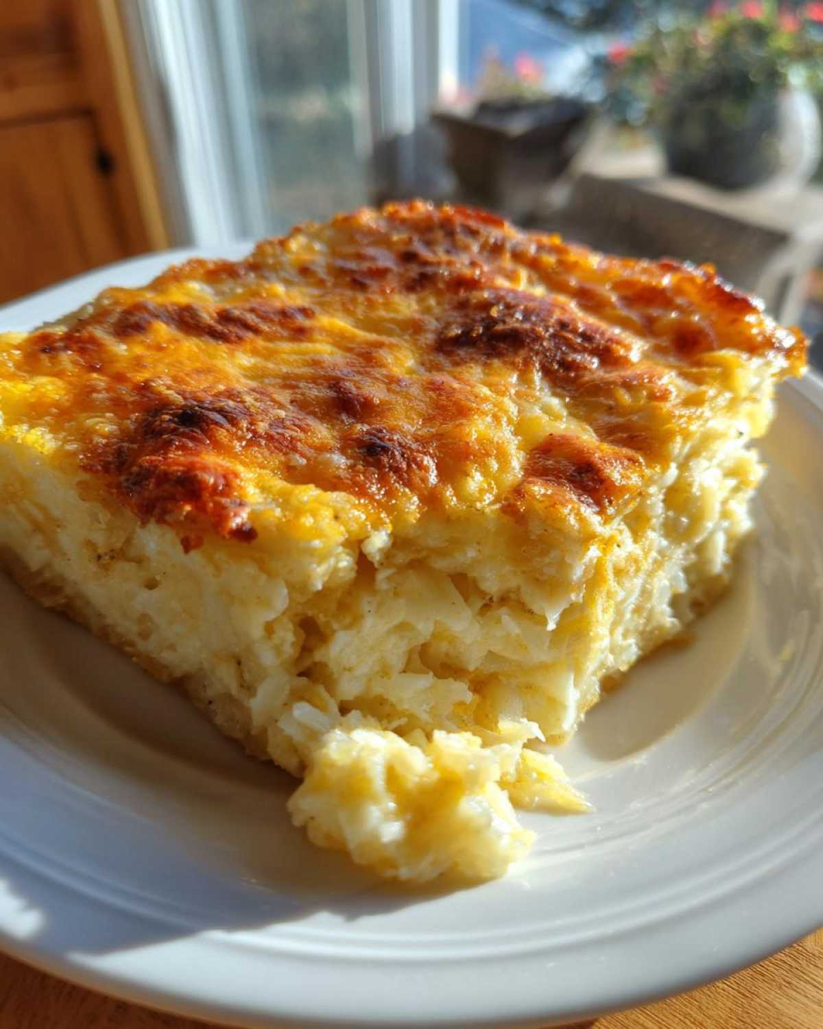 A golden-brown slice of amazing cheesy potato casserole with a bubbly, baked cheese topping.