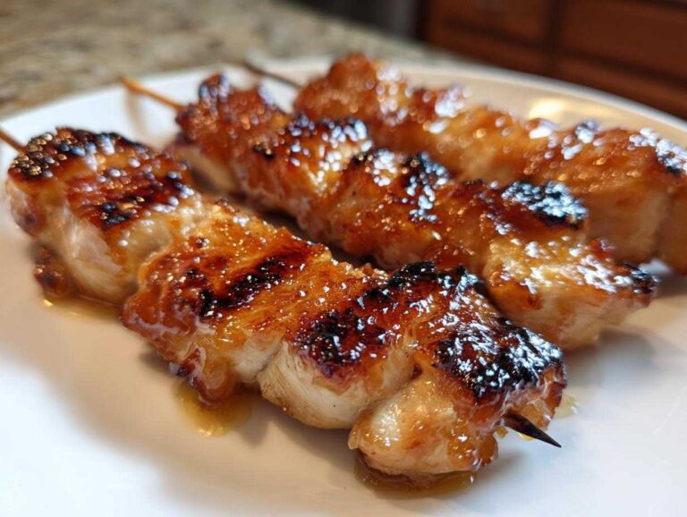 Close-up of three perfectly grilled, glazed chicken skewers with a shiny, caramelized coating.