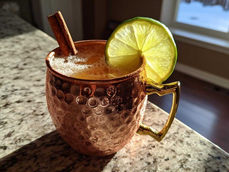 A fizzy apple cider moscow mule served in a hammered copper mug, garnished with a lime wheel and cinnamon stick.
