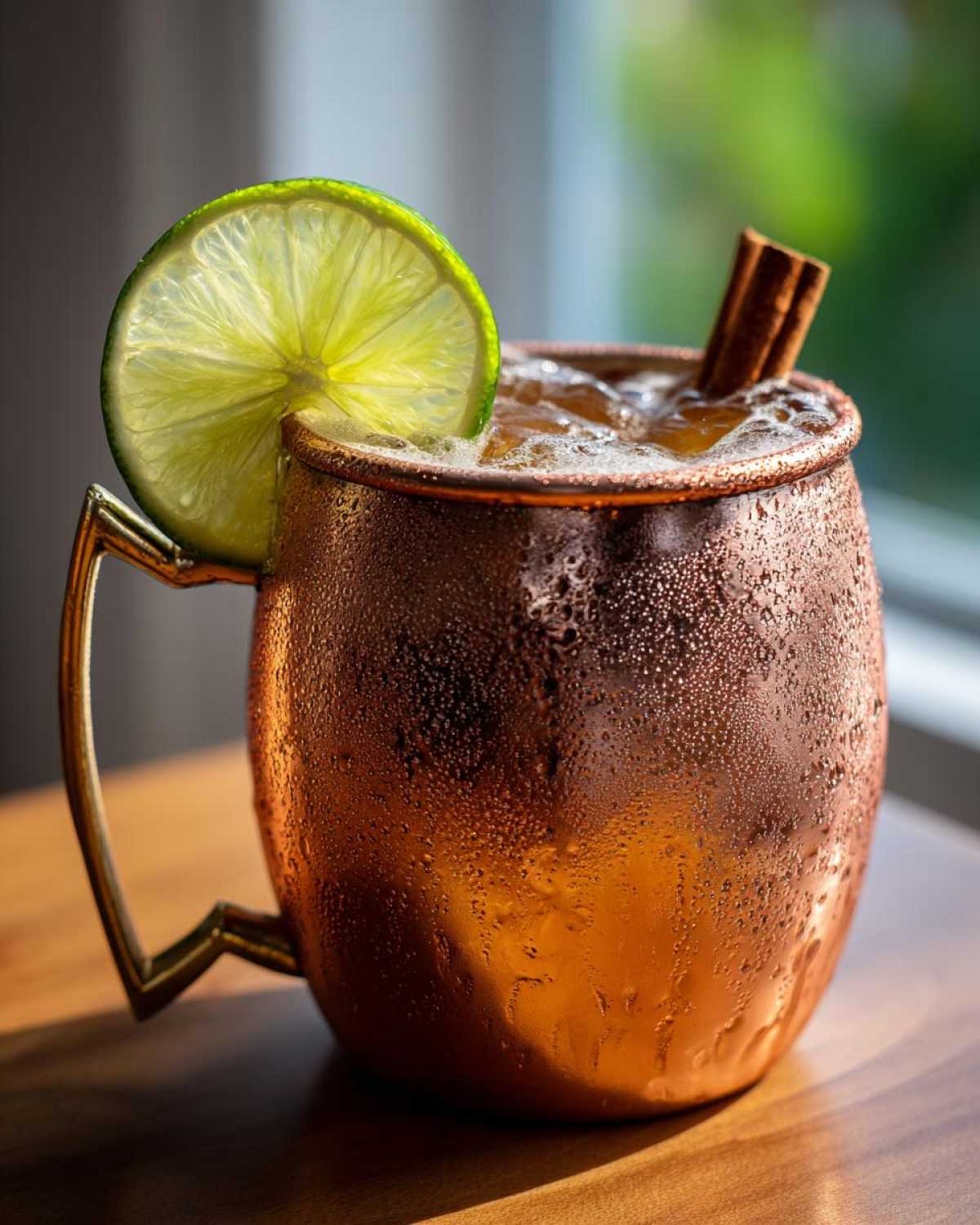 Close-up of a frosty copper mug filled with an apple cider moscow mule, garnished with a lime wheel and cinnamon stick.