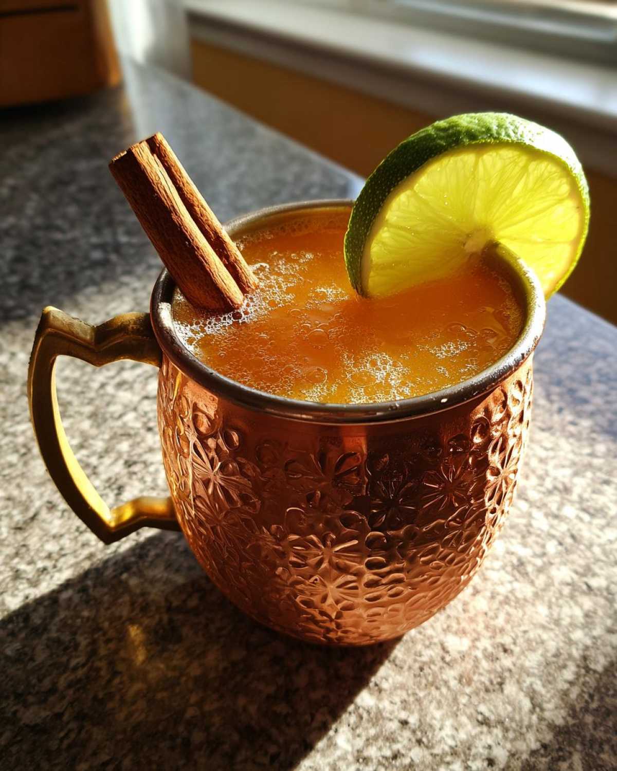 A fizzy apple cider moscow mule served in an ornate copper mug, garnished with a lime wheel and cinnamon sticks.