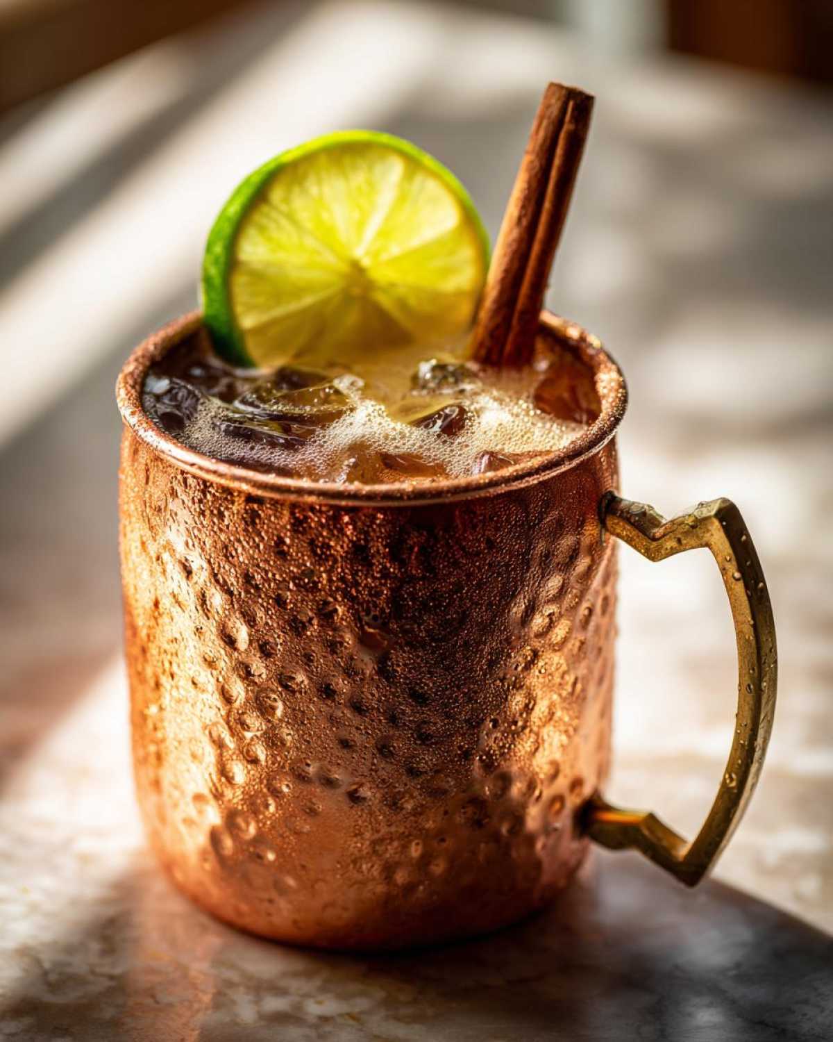 Close-up of a cold apple cider moscow mule garnished with a lime wheel and cinnamon stick in a frosty copper mug.