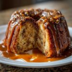 A slice cut from a bundt-style apple dapple cake, generously covered in thick caramel sauce.