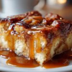 A close-up of a moist slice of apple dapple cake covered in thick, glossy caramel sauce dripping onto a white plate.