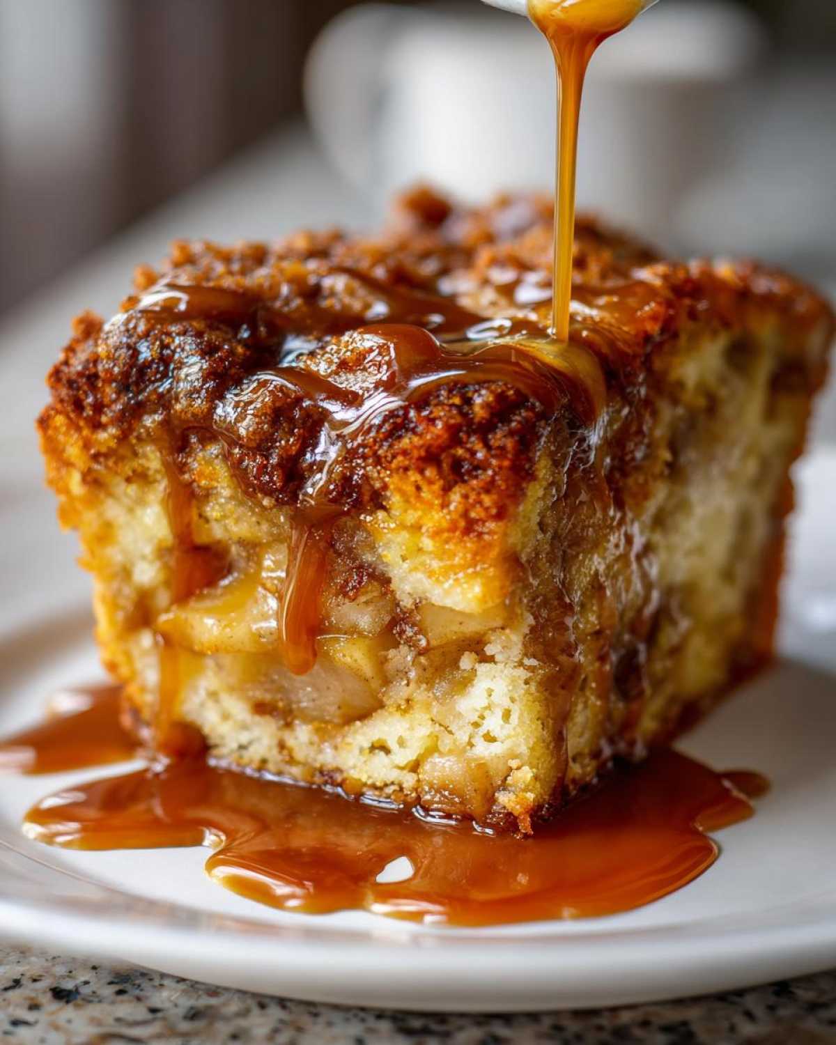 A close-up of a slice of apple dapple cake being drizzled with rich caramel sauce.