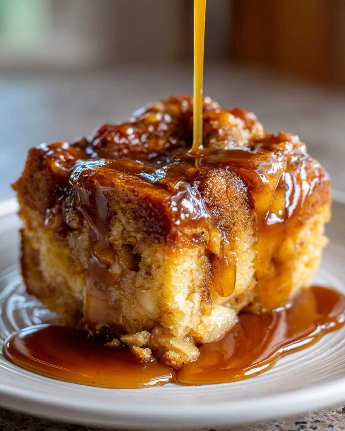 Close-up of a moist slice of apple dapple cake being drenched in thick caramel sauce.