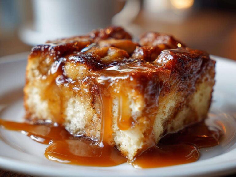 A close-up of a moist slice of apple dapple cake covered in thick, glossy caramel sauce dripping onto a white plate.