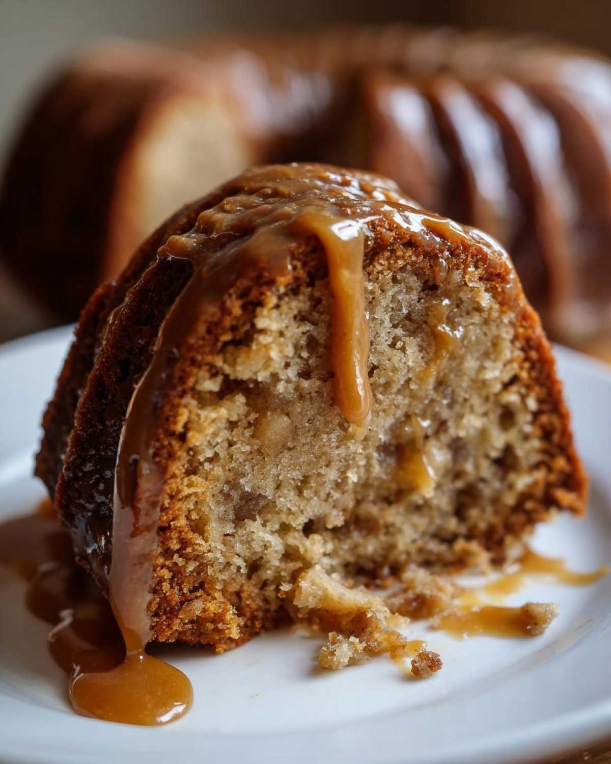 Close-up of a moist slice of apple dapple cake topped with thick caramel sauce dripping onto a white plate.