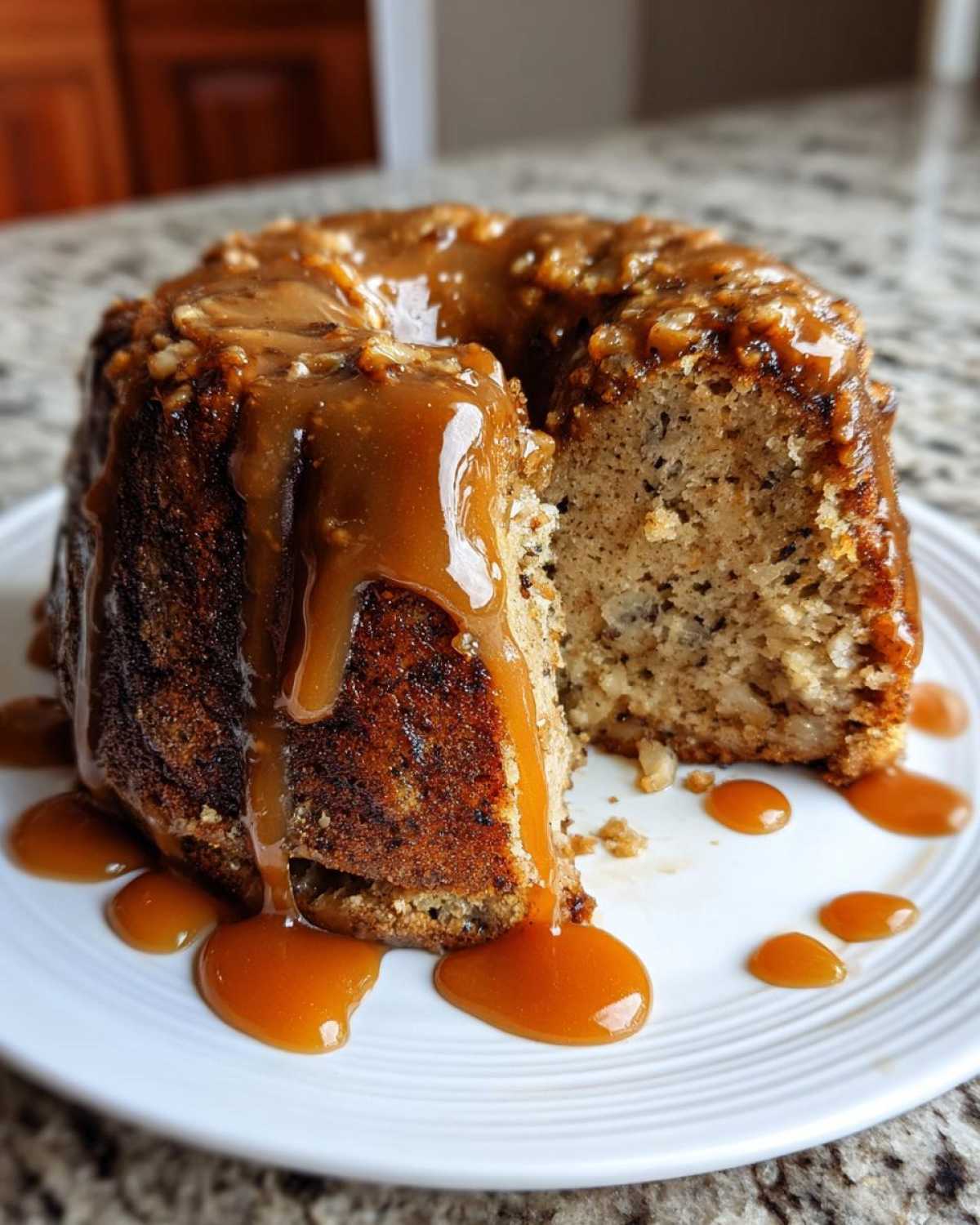 A slice removed from a bundt-style apple dapple cake generously covered in thick caramel sauce and nuts.