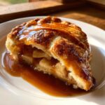 Close-up of a flaky apple dumpling slice covered in rich caramel sauce on a white plate.