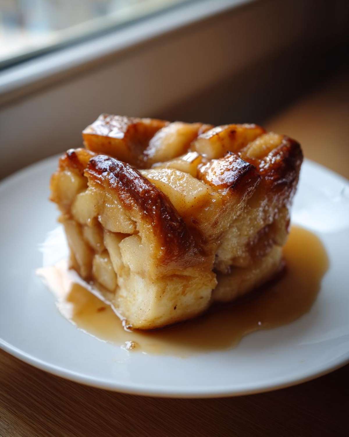 A single, square portion of a baked apple dumpling, drenched in caramel sauce, sitting on a white plate.